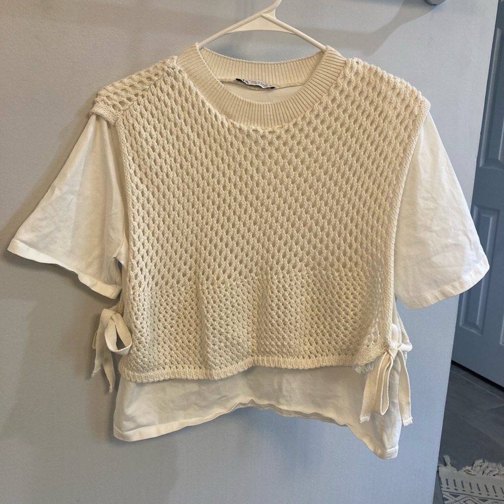 ZARA Crochet Knit White layered Short Sleeve Shirt Size Large